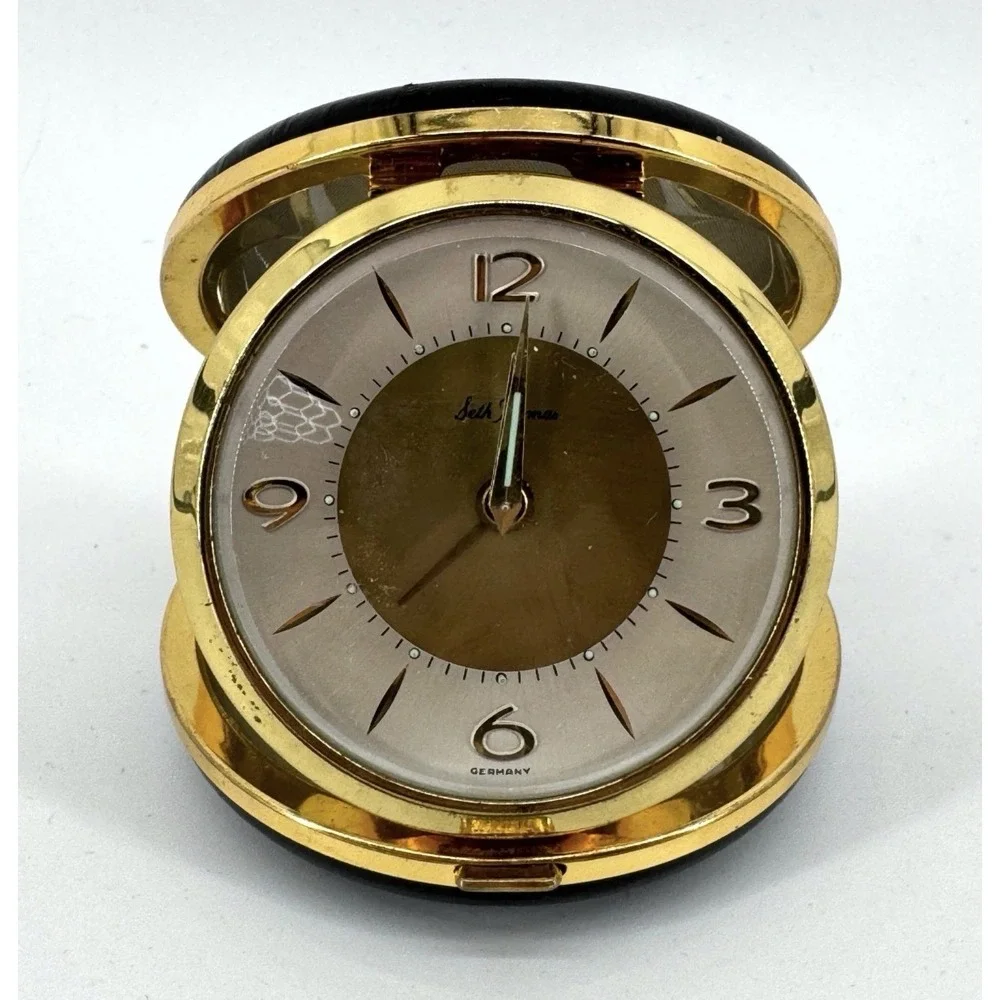 Vintage German Seth Thomas Travel Clock Gold Black Small Works!!